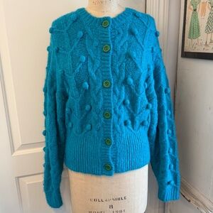 Zara soft bright blue cardigan with cable knit and pom poms